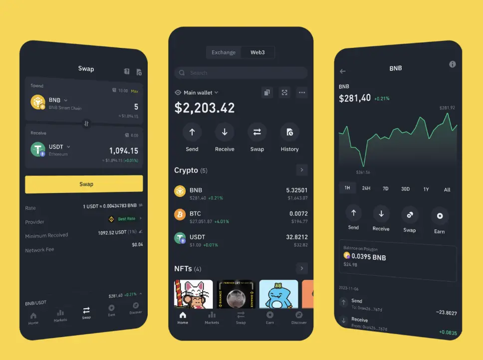 الواجهة الرئيسية لتطبيق بينانس لتداول العملات الرقمية